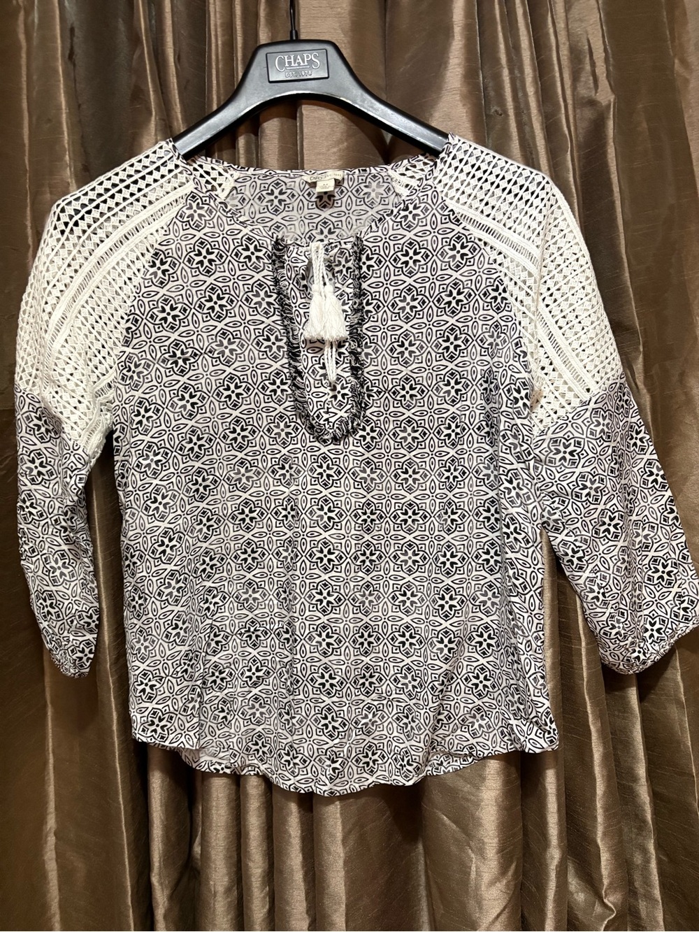 Cato‎ Black & Cream Geometric Print Blouse with Crochet Shoulders